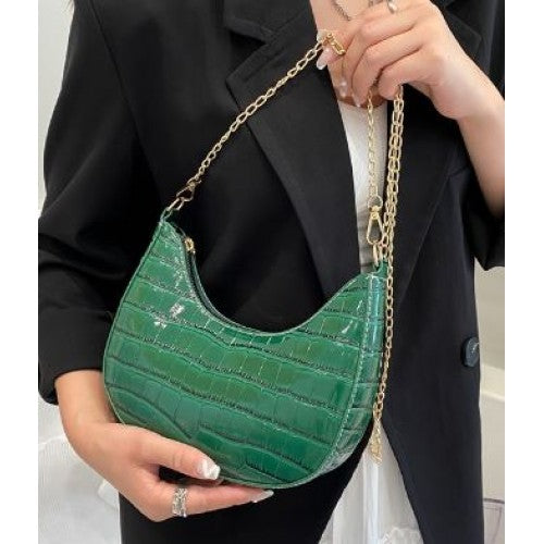 Τσάντα Ώμου Κροκό Πράσινη με Αλυσίδα