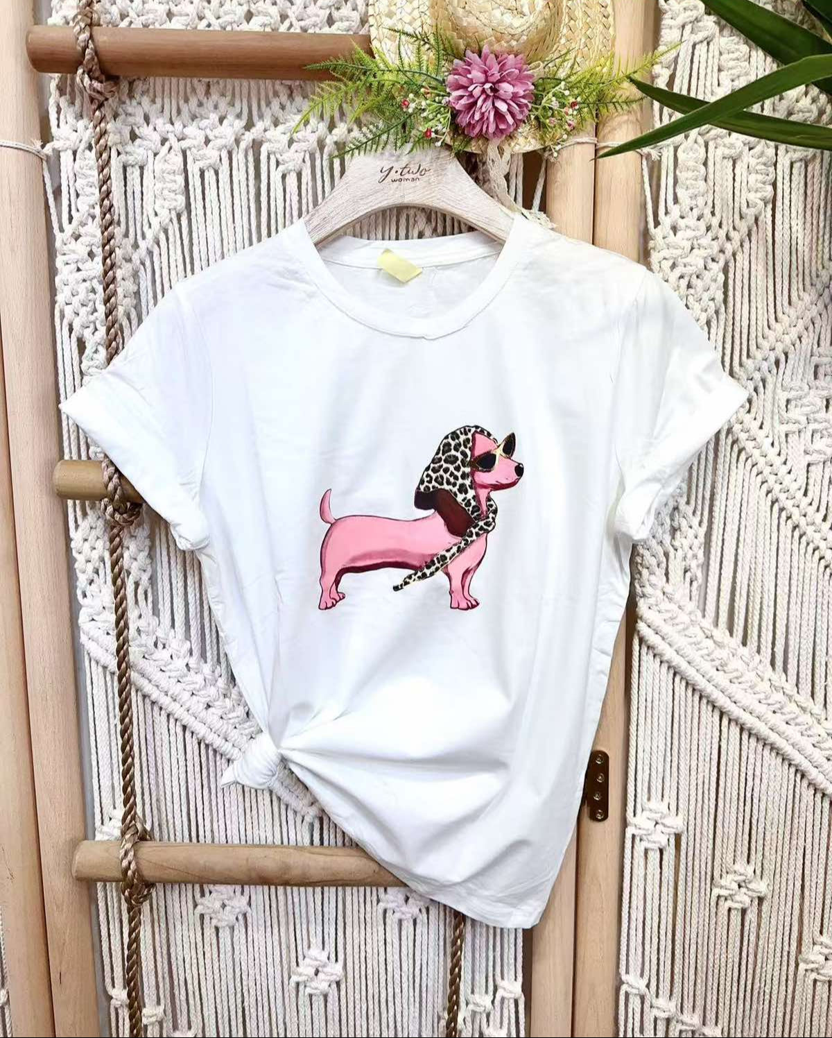 Άσπρο T-shirt με Τύπωμα Ροζ Σκυλάκι