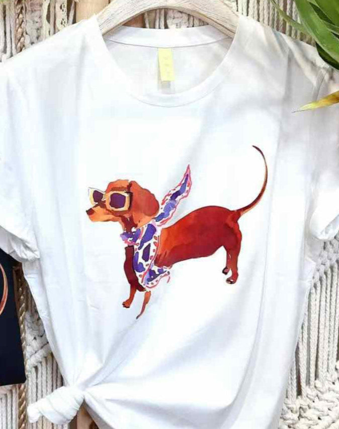 T-shirt με Τύπωμα Σκυλάκι με Γυαλιά και Φουλάρι
