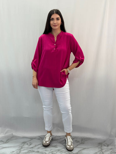 Φούξια Μπλούζα με Κουμπάκια και Γιακά Mao