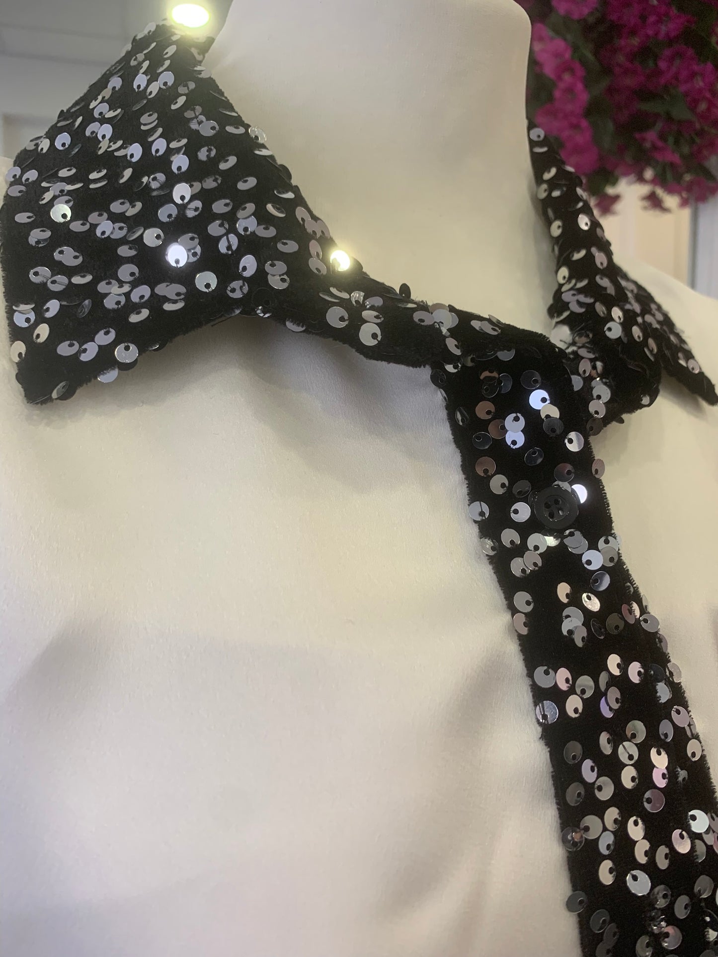 Πουκάμισο Σατέν με Λεπτομέρειες από Παγιέτα και Βελούδο - Άσπρο