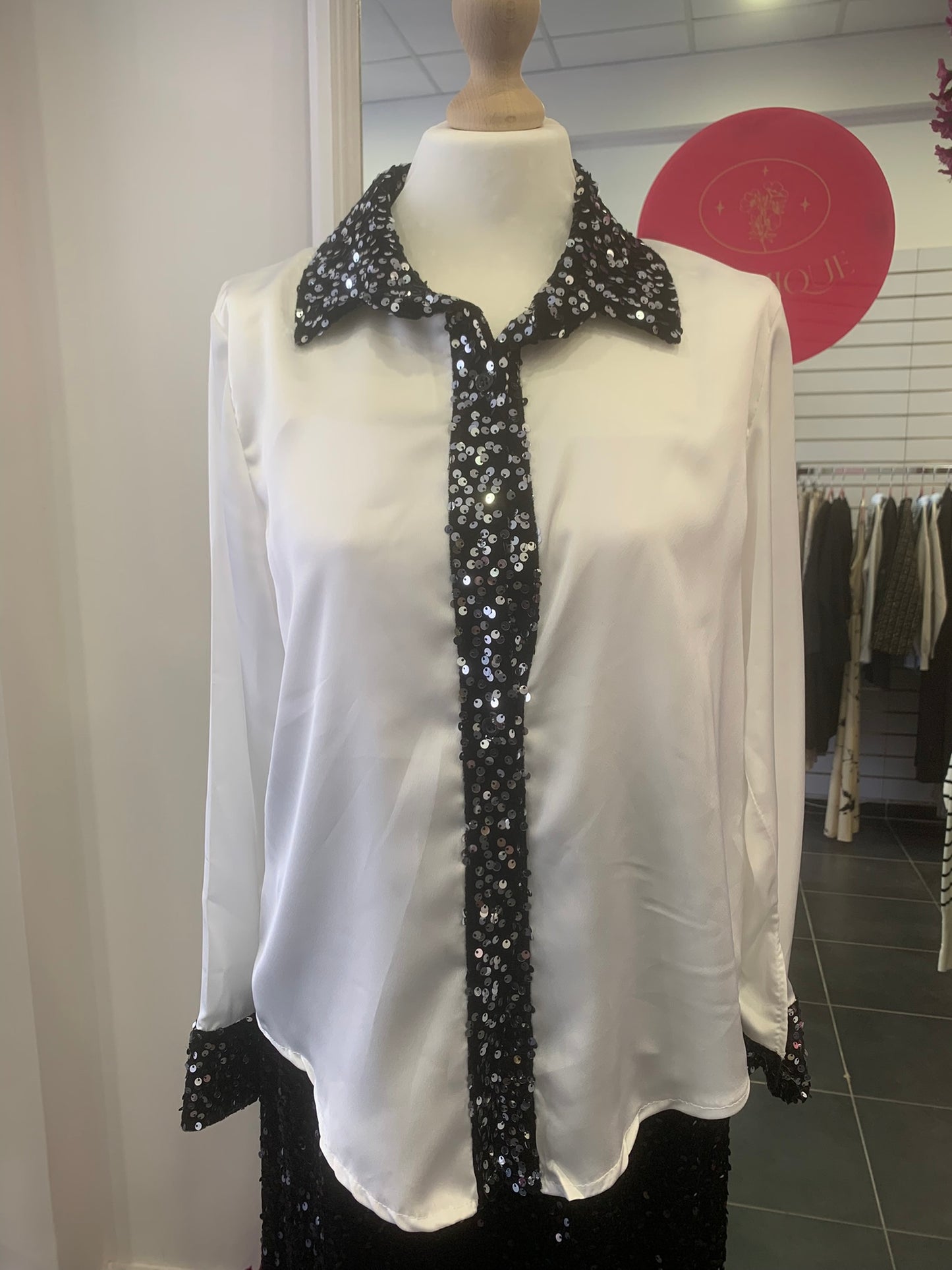 Πουκάμισο Σατέν με Λεπτομέρειες από Παγιέτα και Βελούδο - Άσπρο