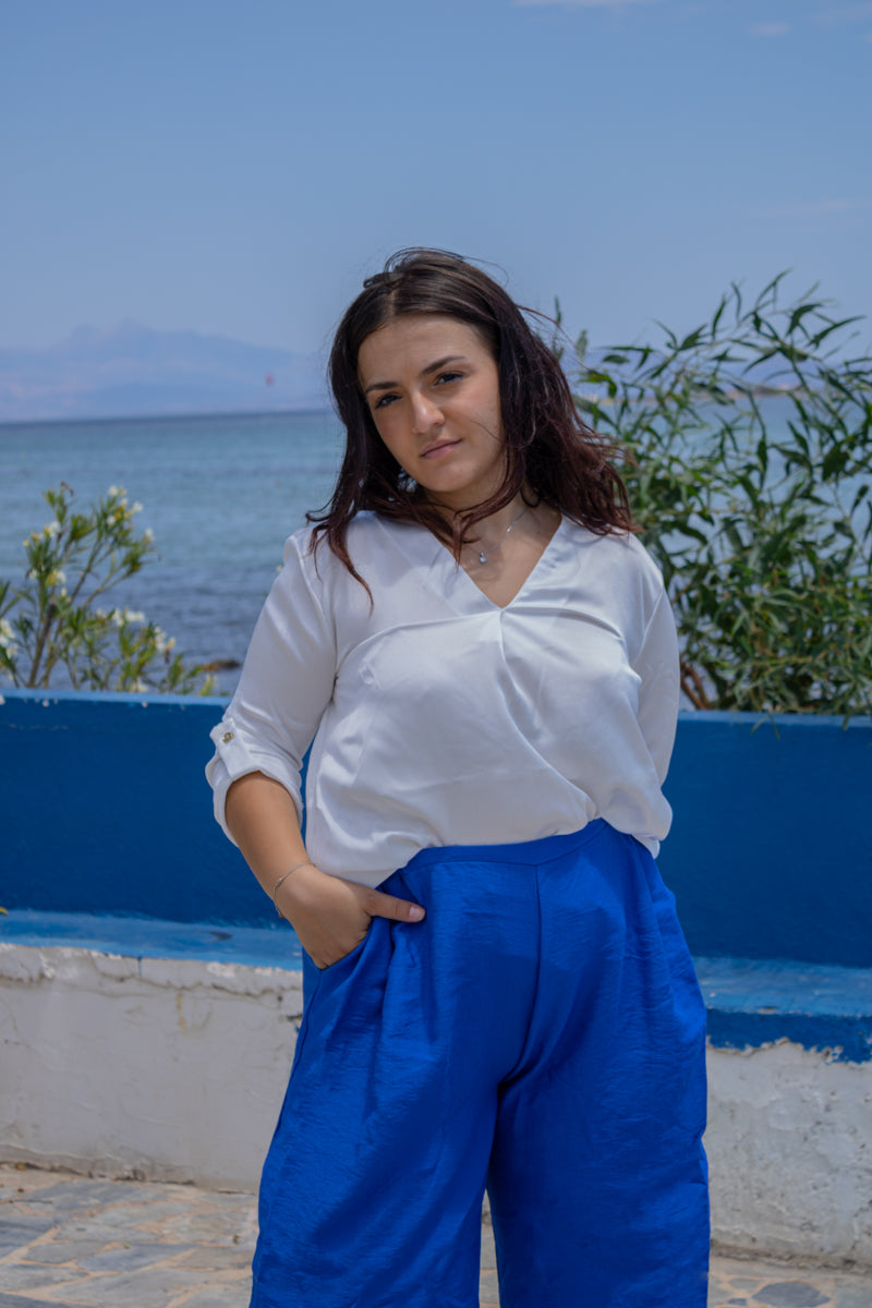 Μπλε Ρουά Παντελόνι Plus Size, με λάστιχο στη μέση, τσέπες και ενδιαφέρον τελείωμα στον αστράγαλο