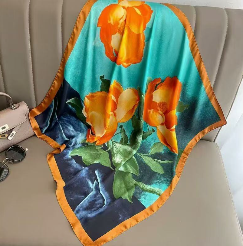 Τετράγωνο Φουλάρι Φλοράλ Μπλε-Πορτοκαλί