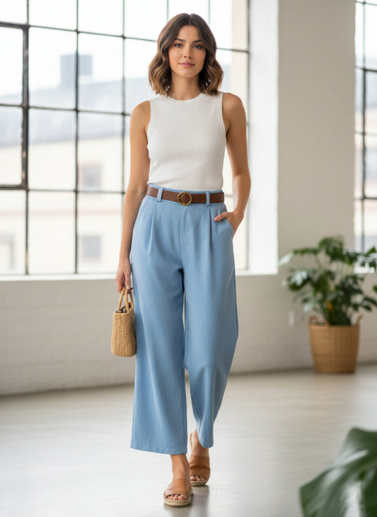 Γαλάζιο παντελόνι σουέτ, με πιέτες και ζώνη. Διαθέτει τσέπες και ανοίγει στα μπατζάκια. 