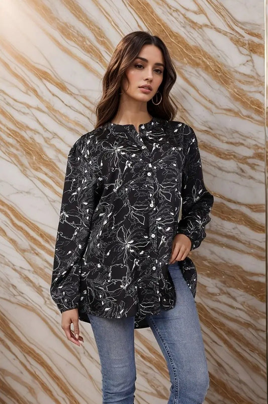 Σατέν Πουκάμισο με Αφηρημένα Σχέδια - Μαύρο