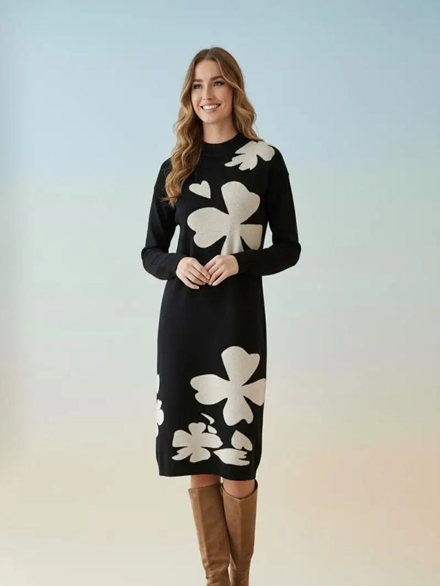 Μαύρο πλεκτό φόρεμα με μεγάλα μπεζ λουλούδια, μήκος έως το γόνατο