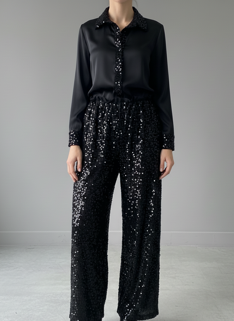 Μαύρο σατέν πουκάμισο με λεπτομέρειες από βελούδο με παγιέτα στις μανσέτες, το γιακά και τη φάσα μπροστά. 