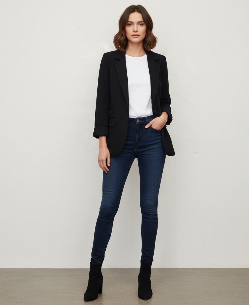 Μαύρο σακάκι ελαστικό από ποντοστόφα, χωρίς φόδρα με ψεύτικες τσέπες μπροστά. Συνδυασμένο με άσπρη μπλούζα, τζιν σκούρο παντελόνι και μαύρα μποτάκια. 