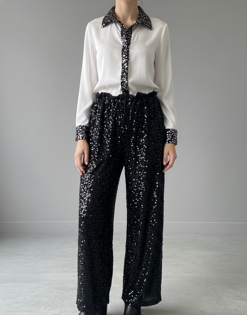 Πουκάμισο σατέν άσπρο με μανσέτες, φάσα και γιακά βελούδινο σε μαύρο χρώμα με παγιέτες. 