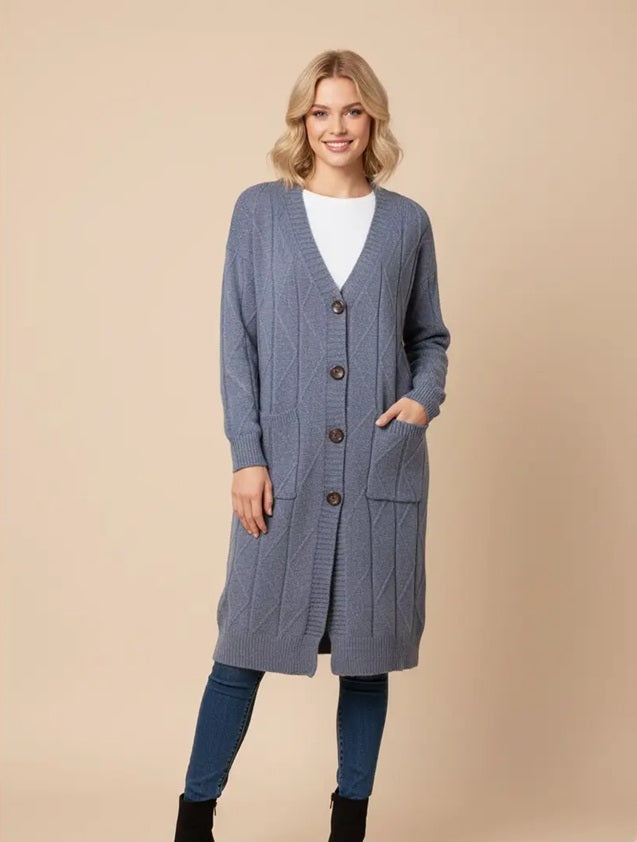 Μακριά γκρι πλεκτή ζακέτα με κουμπιά και τσέπες