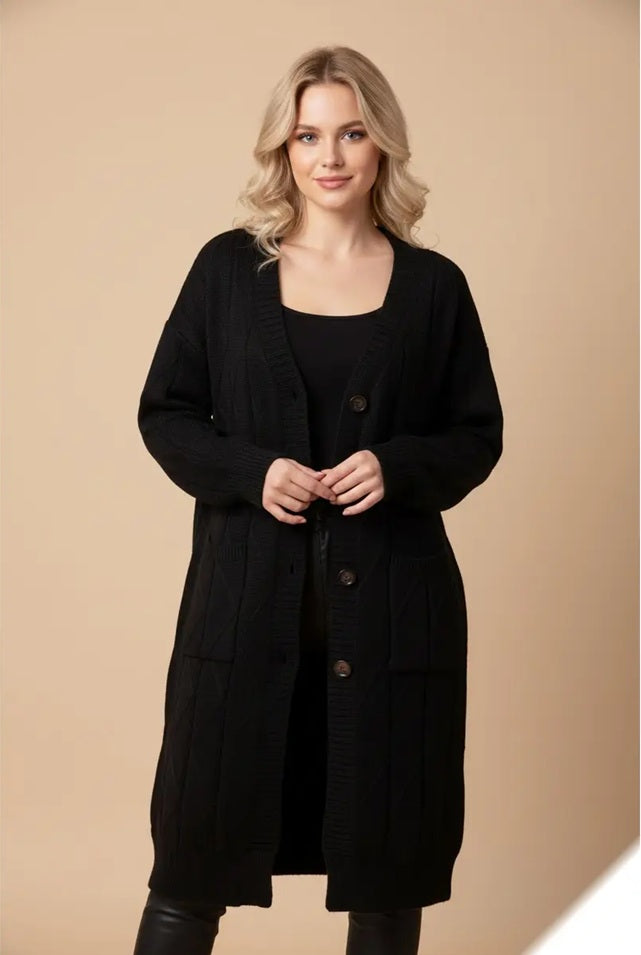 Μακριά μαύρη πλεκτή ζακέτα με κουμπιά και τσέπες