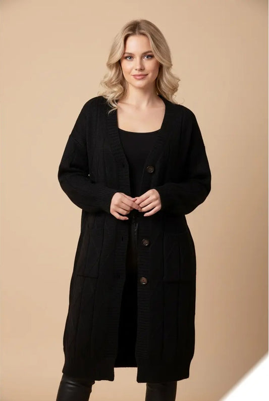 Μακριά μαύρη πλεκτή ζακέτα με κουμπιά και τσέπες